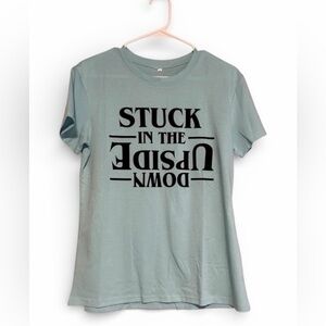 NWT Stuck in Upside Down Light Blue Graphic T-Shirt Women’s Size Small and Large